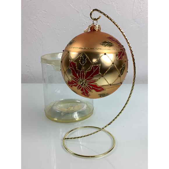 VTG William Sullivans Glass Handblown Christmas Glitter Poinsettias Ornament 4”